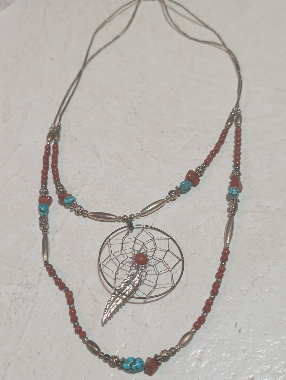 Boho Dreamcatcher Pendant Necklace with Turquoise and Coral Beads